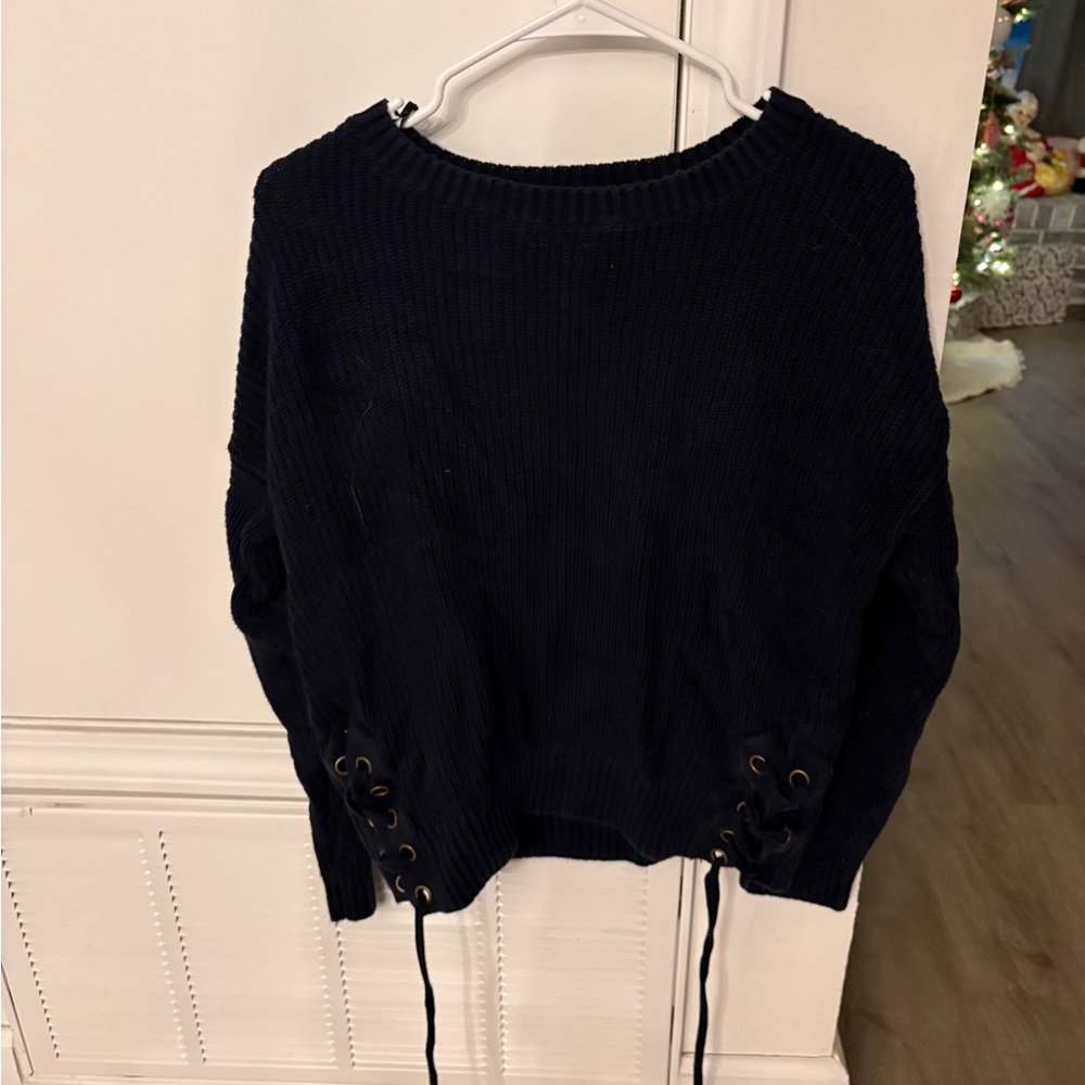 Women's Dark Navy Sweater with Lace-Up Sides
